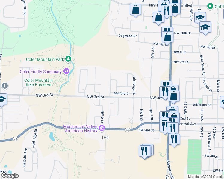 map of restaurants, bars, coffee shops, grocery stores, and more near 307 Coachlight Drive in Bentonville