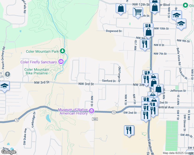 map of restaurants, bars, coffee shops, grocery stores, and more near 307 Coachlight Drive in Bentonville