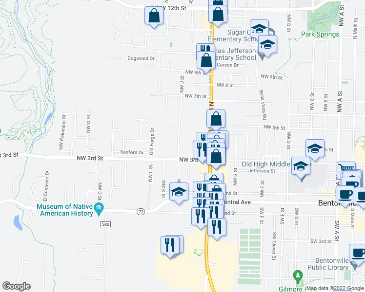 map of restaurants, bars, coffee shops, grocery stores, and more near 308 NW J St in Bentonville