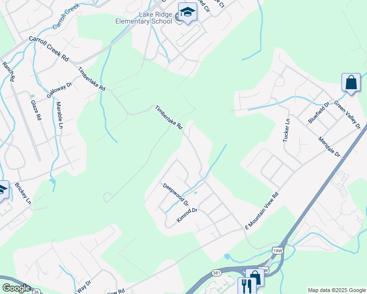 map of restaurants, bars, coffee shops, grocery stores, and more near 3911 Timberlake Road in Johnson City