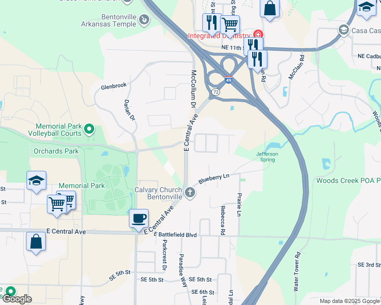 map of restaurants, bars, coffee shops, grocery stores, and more near 2716 East Central Avenue in Bentonville