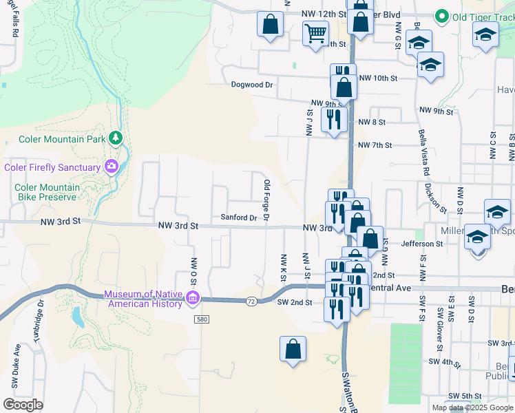 map of restaurants, bars, coffee shops, grocery stores, and more near 1305 Barberry Ln in Bentonville
