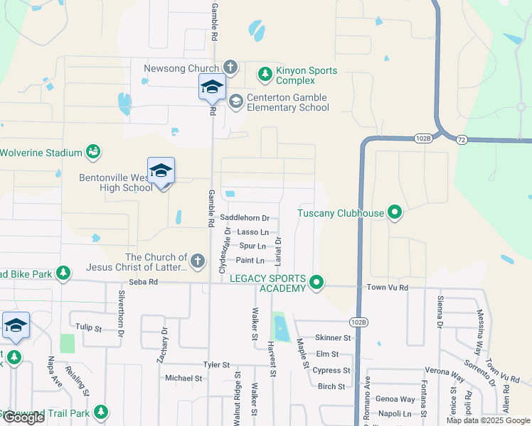 map of restaurants, bars, coffee shops, grocery stores, and more near 540 Saddlehorn Drive in Centerton