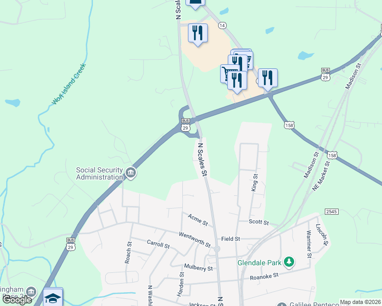 map of restaurants, bars, coffee shops, grocery stores, and more near 1104 Atlas Street in Reidsville