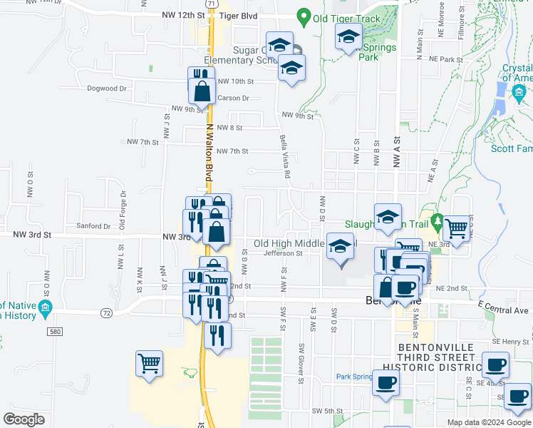 map of restaurants, bars, coffee shops, grocery stores, and more near 332 Crestview Drive in Bentonville