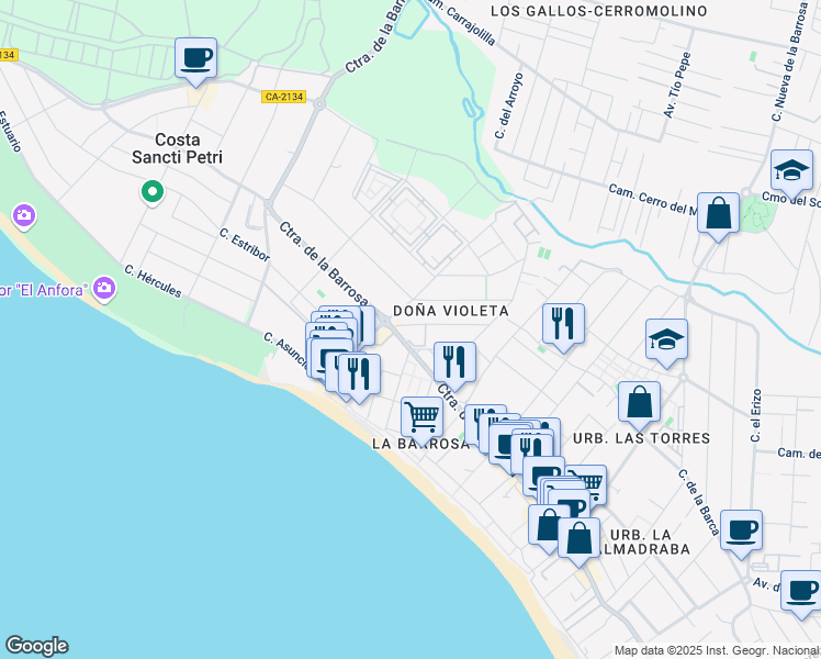 map of restaurants, bars, coffee shops, grocery stores, and more near 30 Avenida del Pacífico in Chiclana de la Frontera