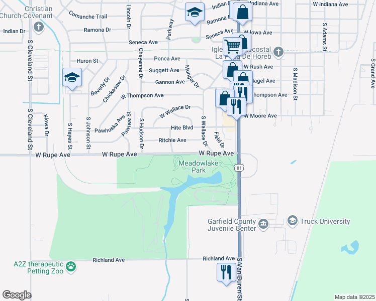 map of restaurants, bars, coffee shops, grocery stores, and more near 1304 West Rupe Avenue in Enid