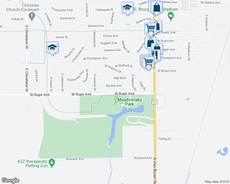 map of restaurants, bars, coffee shops, grocery stores, and more near 1324 West Rupe Avenue in Enid