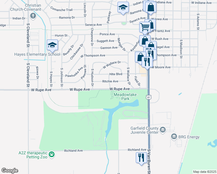 map of restaurants, bars, coffee shops, grocery stores, and more near 1402 West Rupe Avenue in Enid