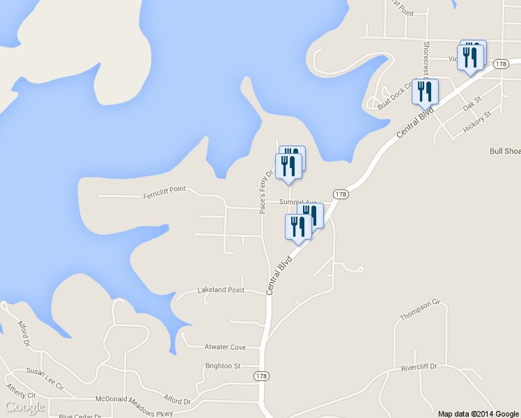 map of restaurants, bars, coffee shops, grocery stores, and more near 14 Ferncliff Point Road in Bull Shoals
