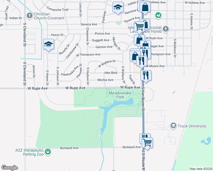 map of restaurants, bars, coffee shops, grocery stores, and more near 1402 West Rupe Avenue in Enid