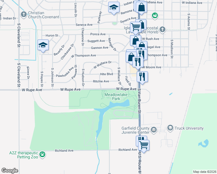 map of restaurants, bars, coffee shops, grocery stores, and more near 1308 West Rupe Avenue in Enid