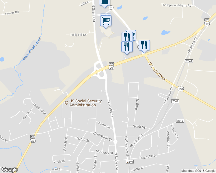 map of restaurants, bars, coffee shops, grocery stores, and more near 1107 North Scales Street in Reidsville