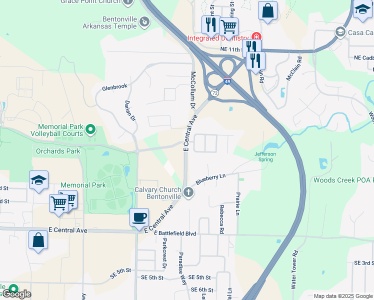 map of restaurants, bars, coffee shops, grocery stores, and more near 2716 Arkansas 72 in Bentonville
