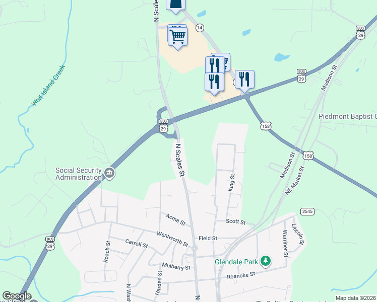 map of restaurants, bars, coffee shops, grocery stores, and more near 1107 North Scales Street in Reidsville