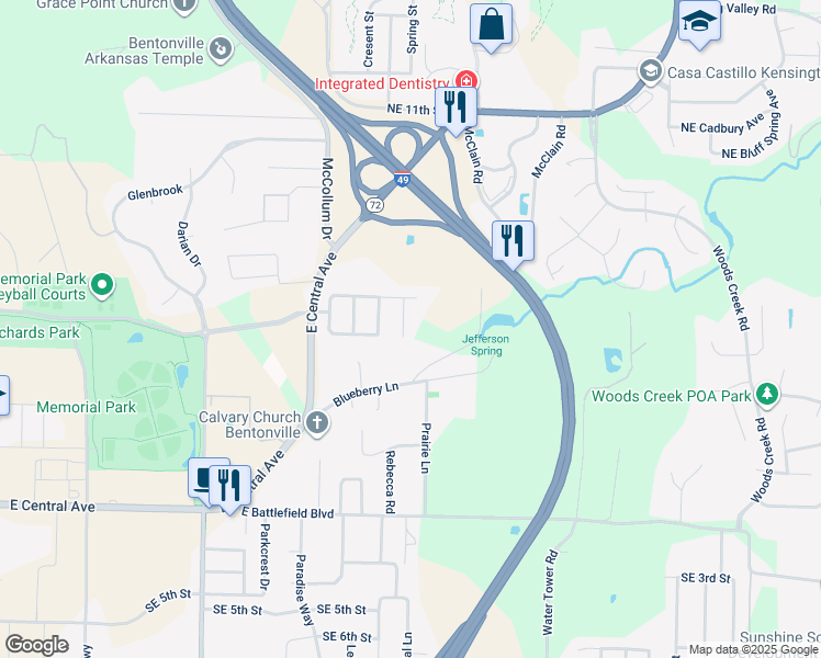 map of restaurants, bars, coffee shops, grocery stores, and more near 402 Northeast Shasta Court in Bentonville