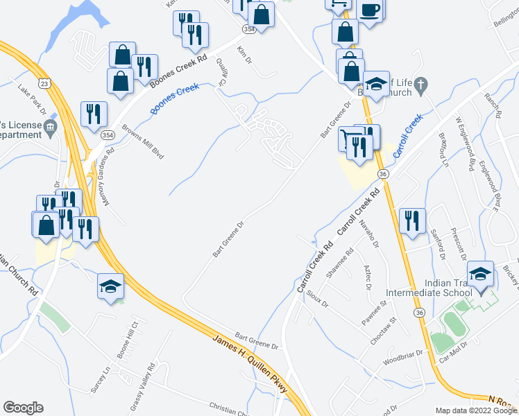 map of restaurants, bars, coffee shops, grocery stores, and more near 221 Bart Greene Drive in Johnson City