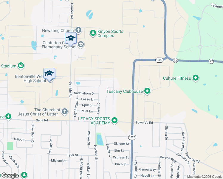 map of restaurants, bars, coffee shops, grocery stores, and more near 1260 Chattie Drive in Centerton