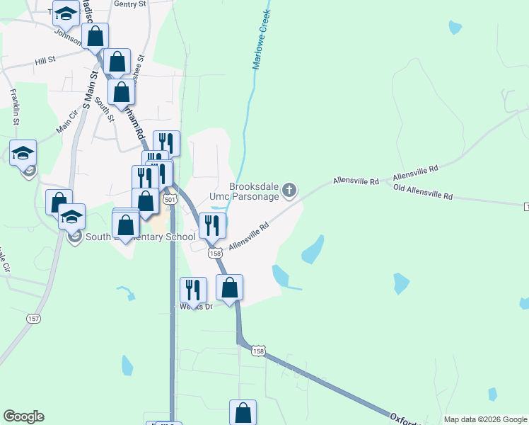 map of restaurants, bars, coffee shops, grocery stores, and more near 249 Allensville Road in Roxboro