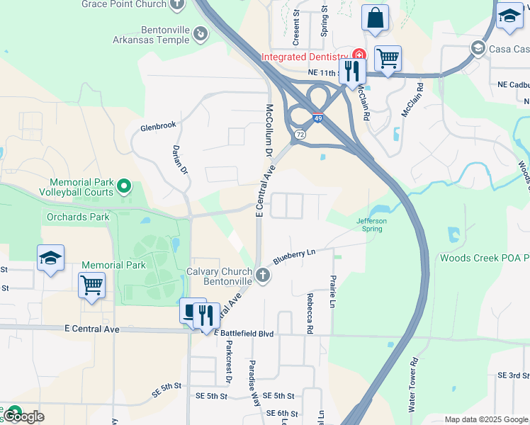 map of restaurants, bars, coffee shops, grocery stores, and more near 2716 Arkansas 72 in Bentonville