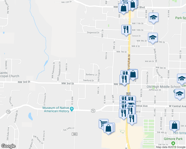 map of restaurants, bars, coffee shops, grocery stores, and more near 1398 Barberry Lane in Bentonville