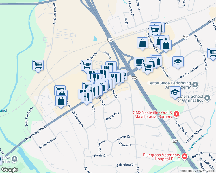 map of restaurants, bars, coffee shops, grocery stores, and more near 1009 Nashville Pike in Gallatin