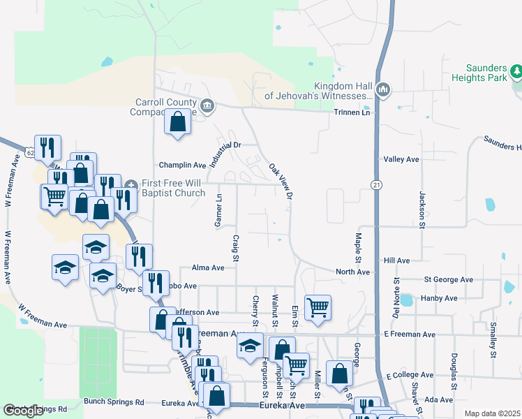 map of restaurants, bars, coffee shops, grocery stores, and more near Nunez Lane in Berryville