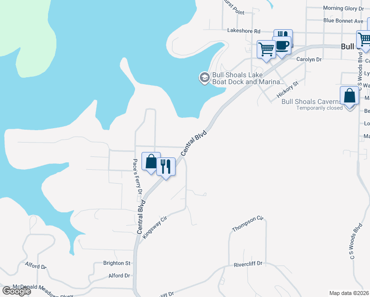 map of restaurants, bars, coffee shops, grocery stores, and more near 1912 Central Boulevard in Bull Shoals