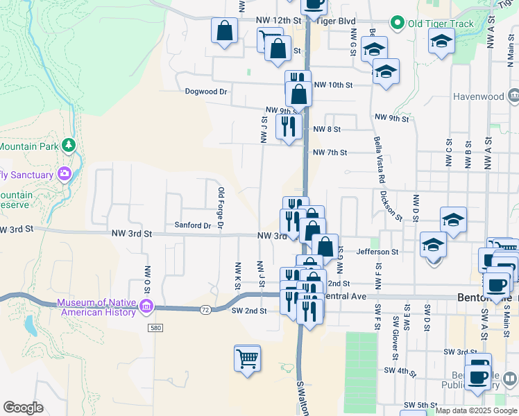 map of restaurants, bars, coffee shops, grocery stores, and more near 308 Northwest J Street in Bentonville
