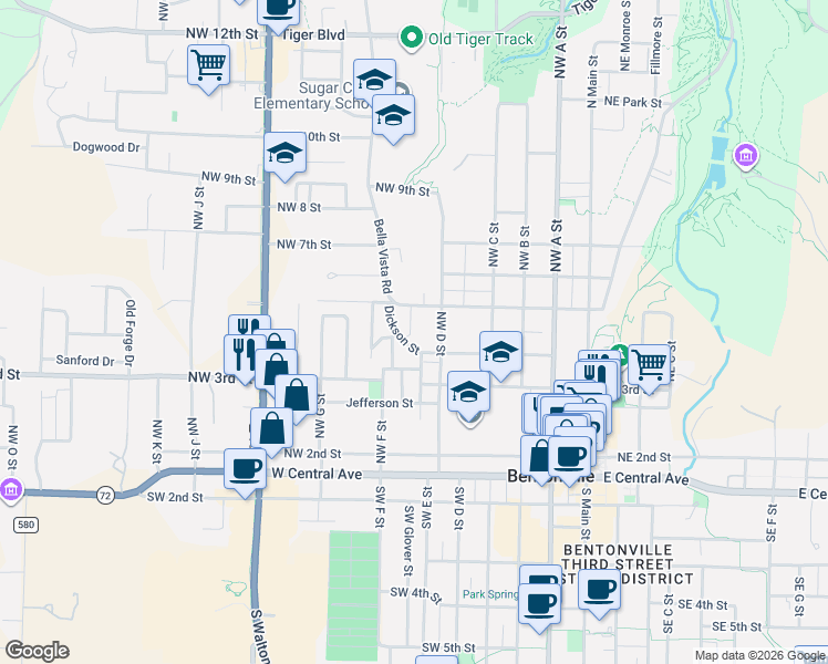 map of restaurants, bars, coffee shops, grocery stores, and more near 400 Dickson Street in Bentonville