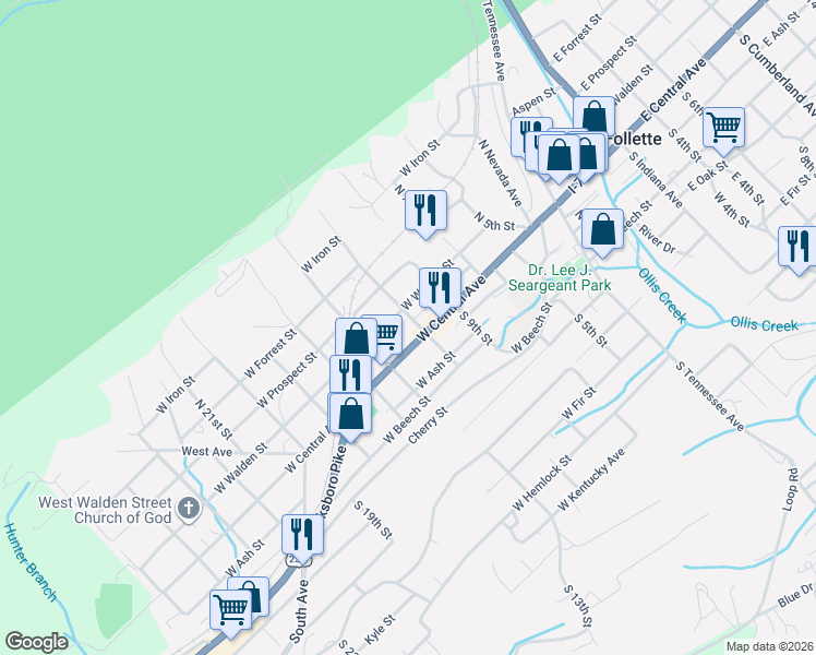 map of restaurants, bars, coffee shops, grocery stores, and more near 513 West Walden Street in LaFollette