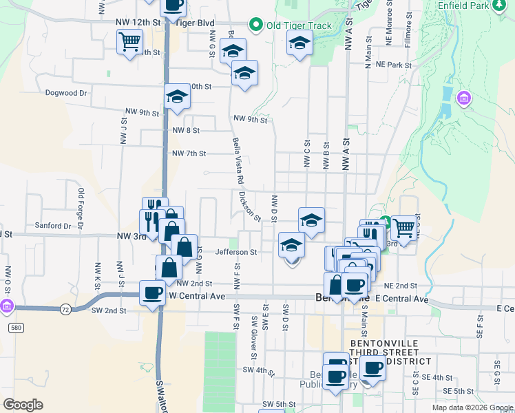 map of restaurants, bars, coffee shops, grocery stores, and more near 400 Dickson Street in Bentonville