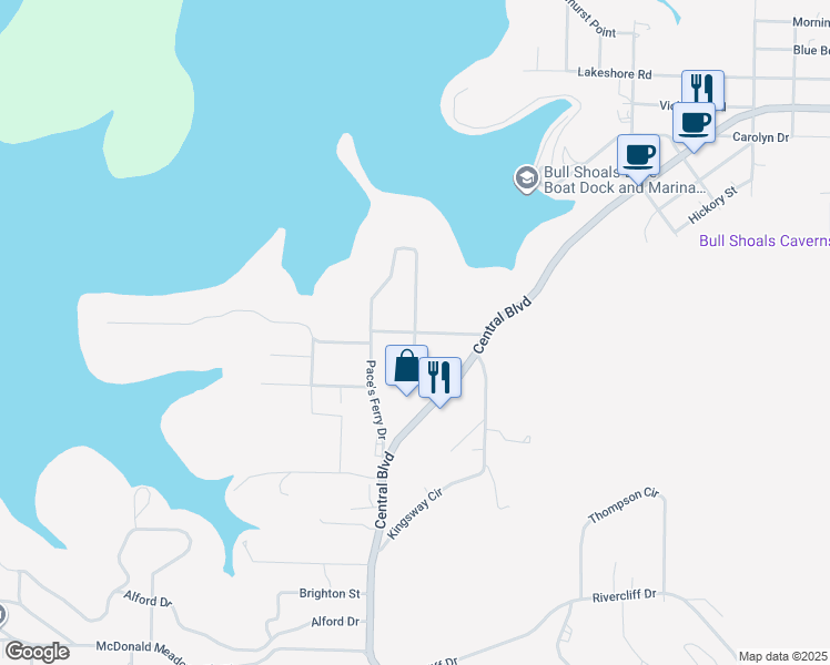 map of restaurants, bars, coffee shops, grocery stores, and more near 2 Crestline Road in Bull Shoals