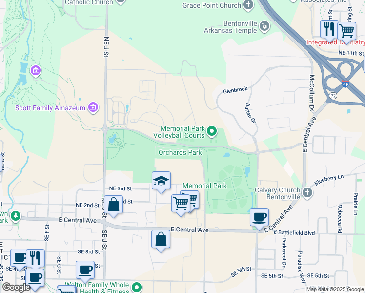 map of restaurants, bars, coffee shops, grocery stores, and more near John Deshields Trail in Bentonville