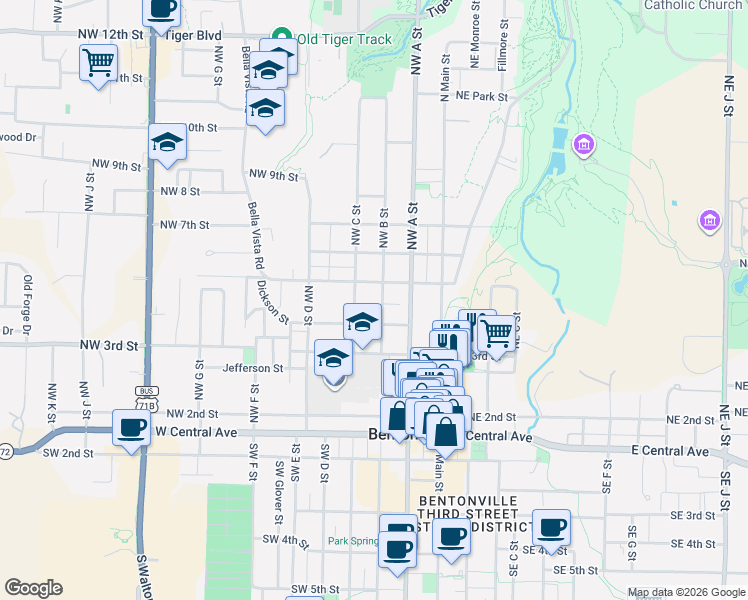 map of restaurants, bars, coffee shops, grocery stores, and more near 304 Northwest 4th Street in Bentonville