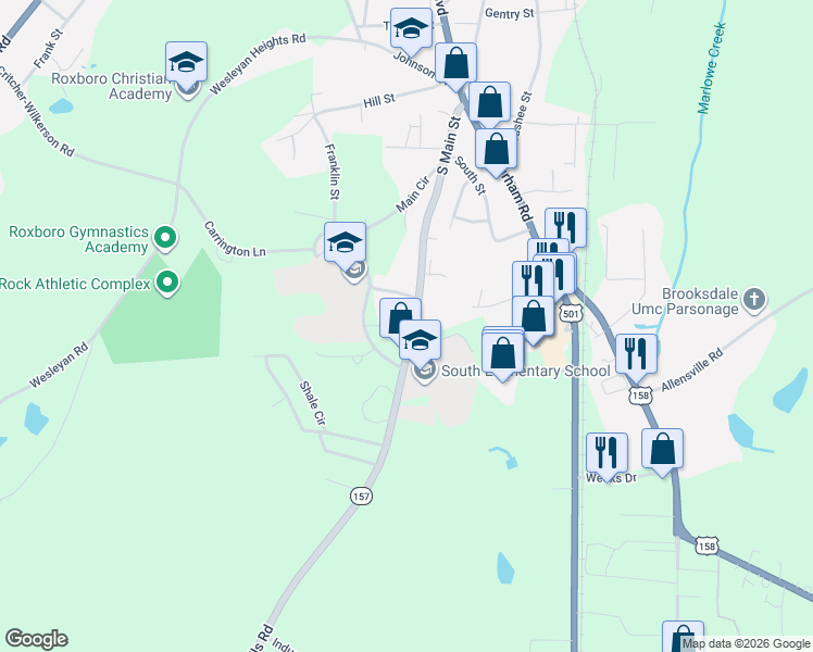map of restaurants, bars, coffee shops, grocery stores, and more near 48 Southern Village Drive in Roxboro