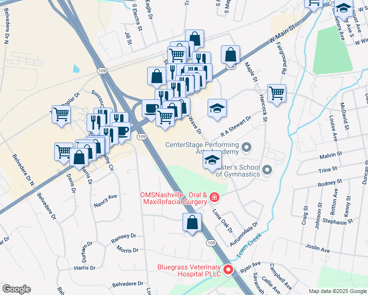map of restaurants, bars, coffee shops, grocery stores, and more near 625 Green Wave Drive in Gallatin