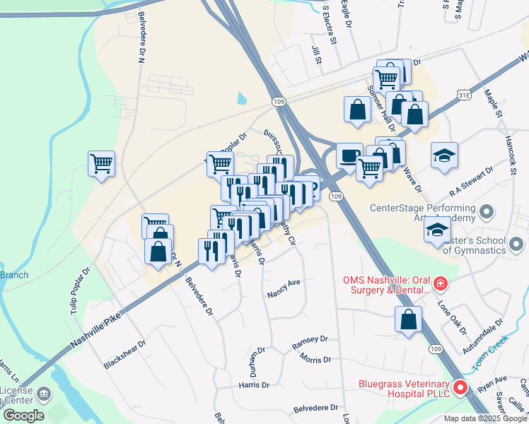 map of restaurants, bars, coffee shops, grocery stores, and more near 1009 Nashville Pike in Gallatin