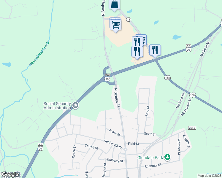 map of restaurants, bars, coffee shops, grocery stores, and more near 1104 Atlas Street in Reidsville