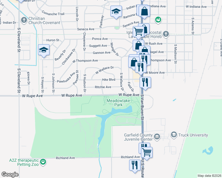 map of restaurants, bars, coffee shops, grocery stores, and more near 1304 West Rupe Avenue in Enid