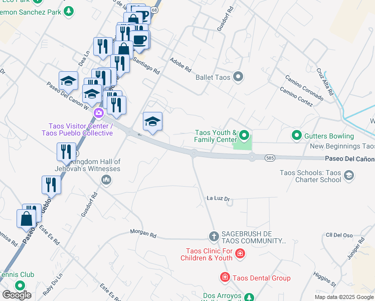 map of restaurants, bars, coffee shops, grocery stores, and more near Pso Del Cañon East in Taos