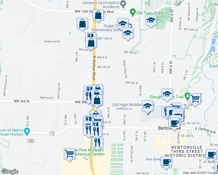 map of restaurants, bars, coffee shops, grocery stores, and more near 344 Crestview Drive in Bentonville