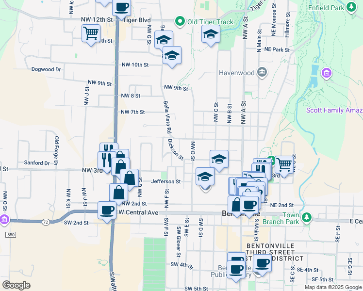 map of restaurants, bars, coffee shops, grocery stores, and more near 418 Northwest Retreat Lane in Bentonville