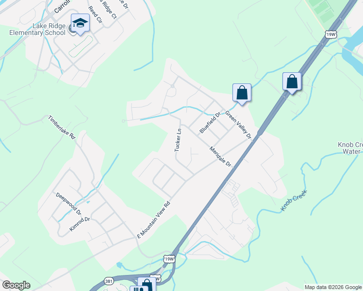 map of restaurants, bars, coffee shops, grocery stores, and more near 1107 Windsor Lane in Johnson City