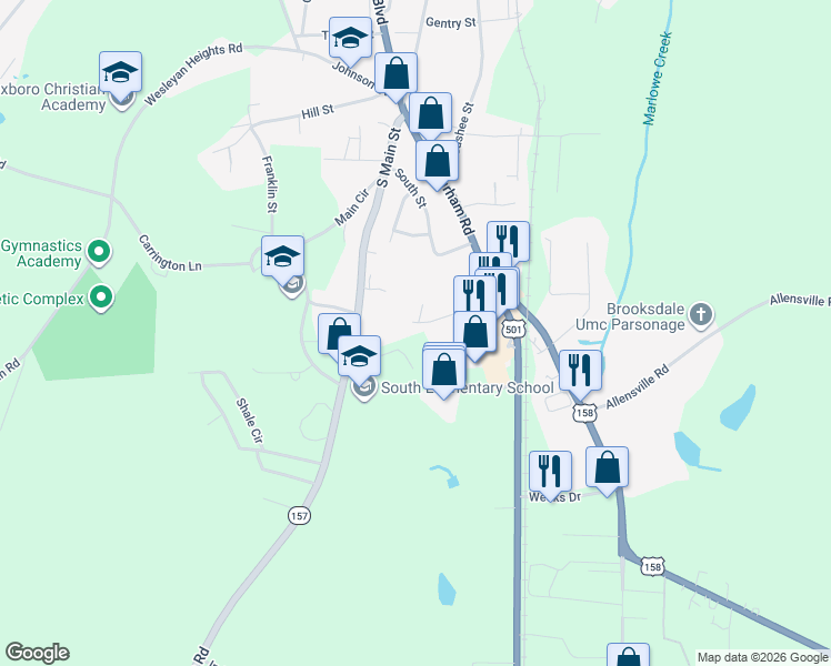 map of restaurants, bars, coffee shops, grocery stores, and more near 198 Garrett Street in Roxboro