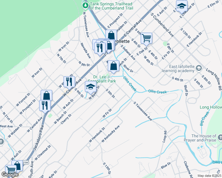 map of restaurants, bars, coffee shops, grocery stores, and more near 303 South 5th Street in LaFollette