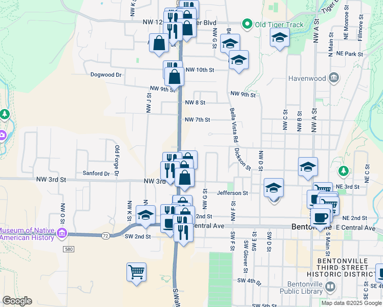map of restaurants, bars, coffee shops, grocery stores, and more near 408 North Walton Boulevard in Bentonville