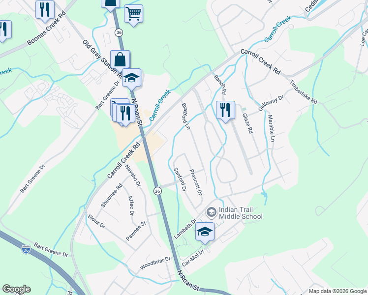 map of restaurants, bars, coffee shops, grocery stores, and more near 4123 Bradford Lane in Johnson City