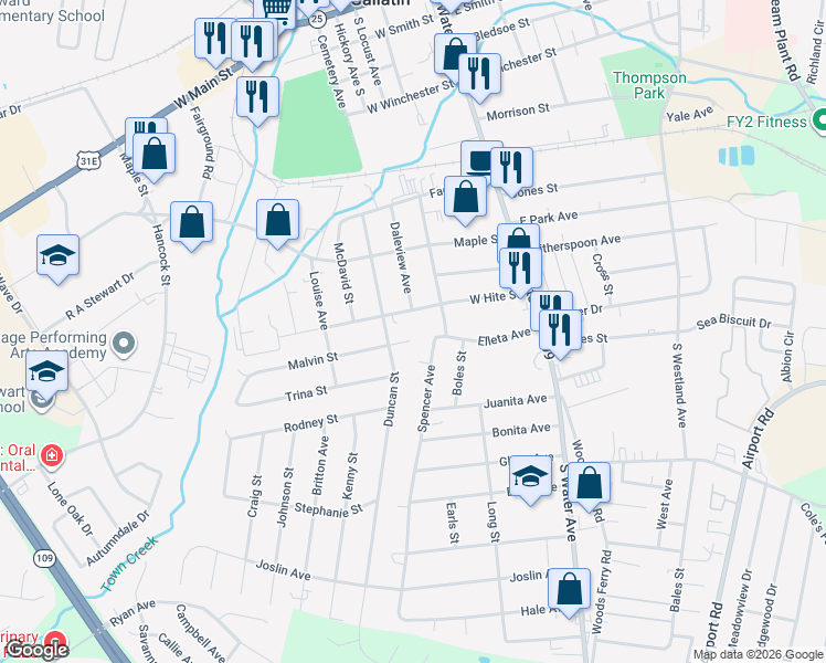 map of restaurants, bars, coffee shops, grocery stores, and more near 215 West Hite Street in Gallatin
