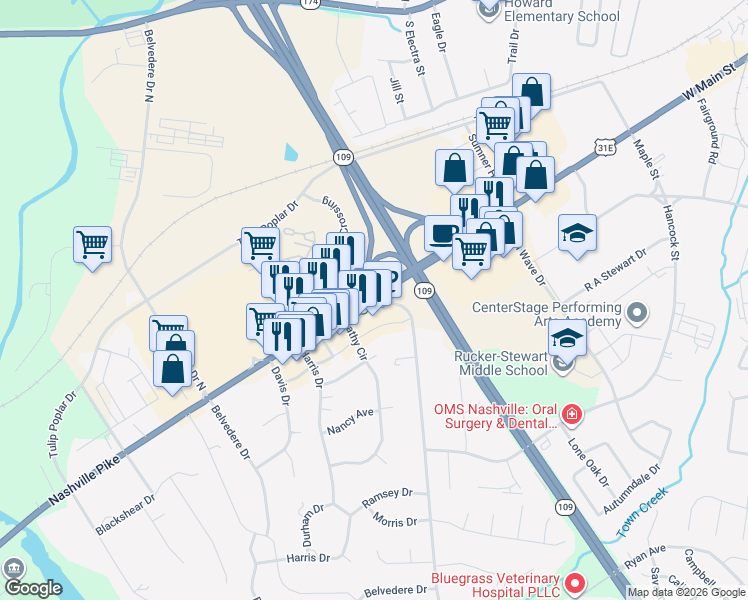 map of restaurants, bars, coffee shops, grocery stores, and more near 909 Nashville Pike in Gallatin